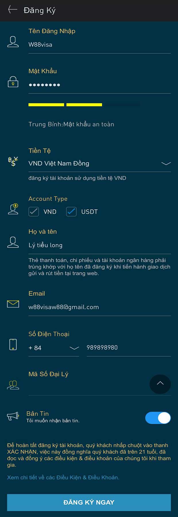 Đăng ký tài khoản W88